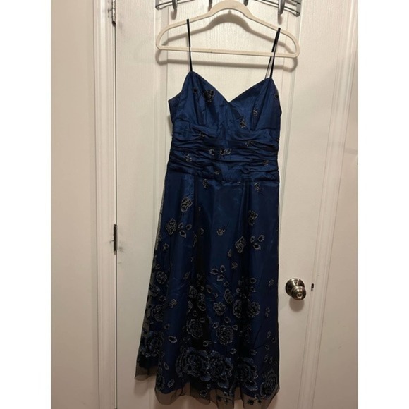 Papell boutique evening gown blue ruched waist dress women’s 8 lined floral - Picture 1 of 16